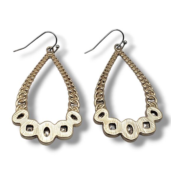 Gold Tone Teardrop Dangle Drop Hook Earrings Gray Golden Faceted Rhinestones - Picture 3 of 7